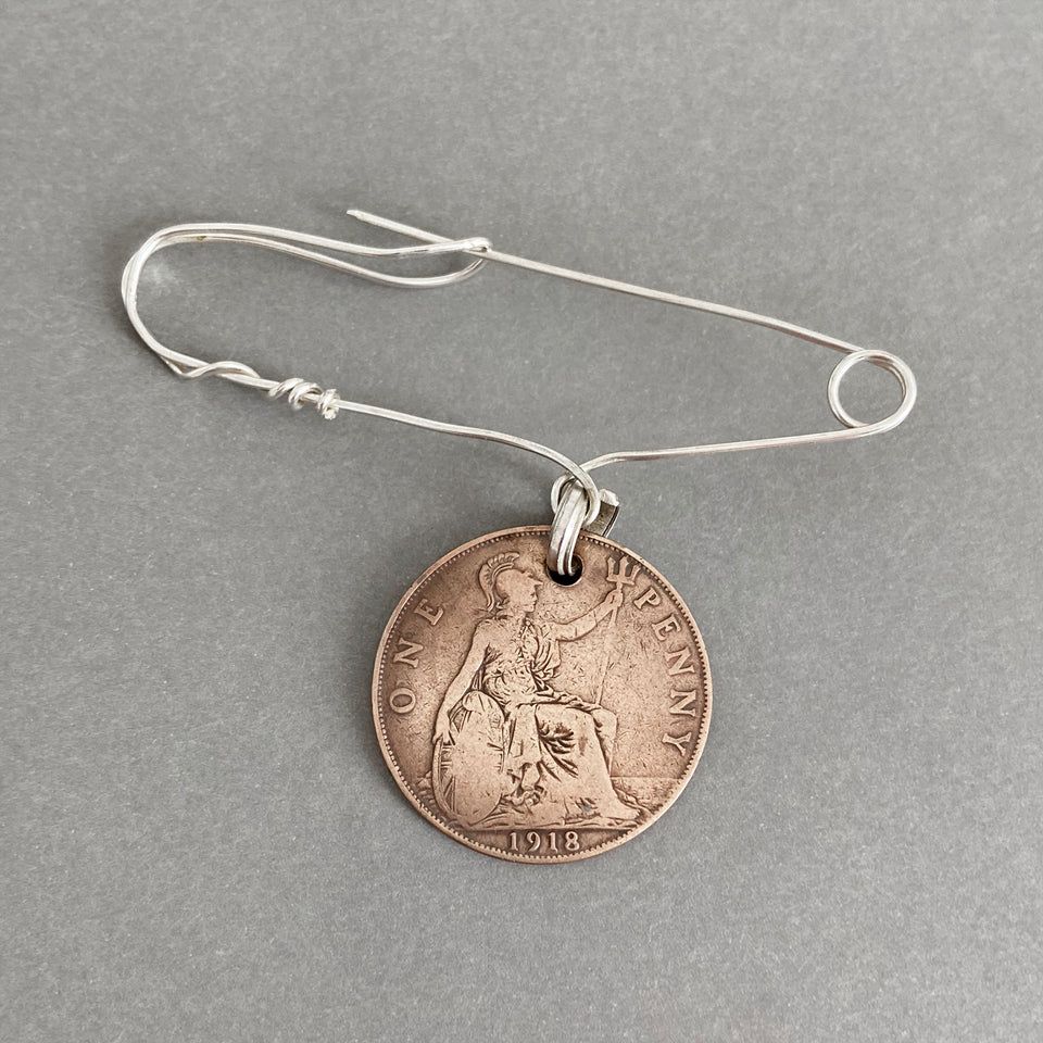 Safety Pin with Penny made by Morven Mulgrew