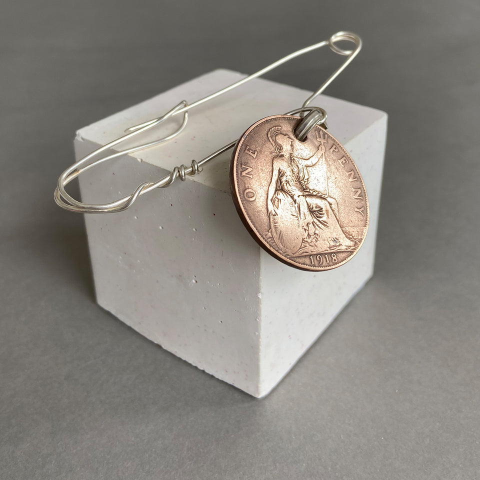 Safety Pin with Penny made by Morven Mulgrew